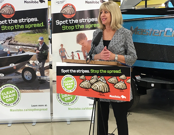 Minister of Sustainable Development Cathy Cox unveils Manitobas new Aquatic Invasive Species awareness campaign, Spot the Stripes and Stop the Spread.